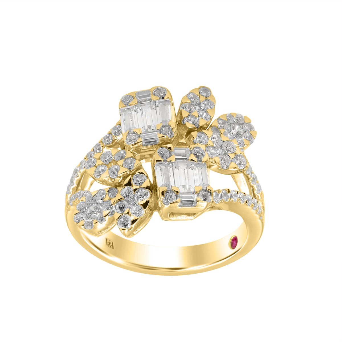 14K YELLOW GOLD 1 1/2CT ROUND/BAGUETTE DIAMOND LADIES FASHION RING