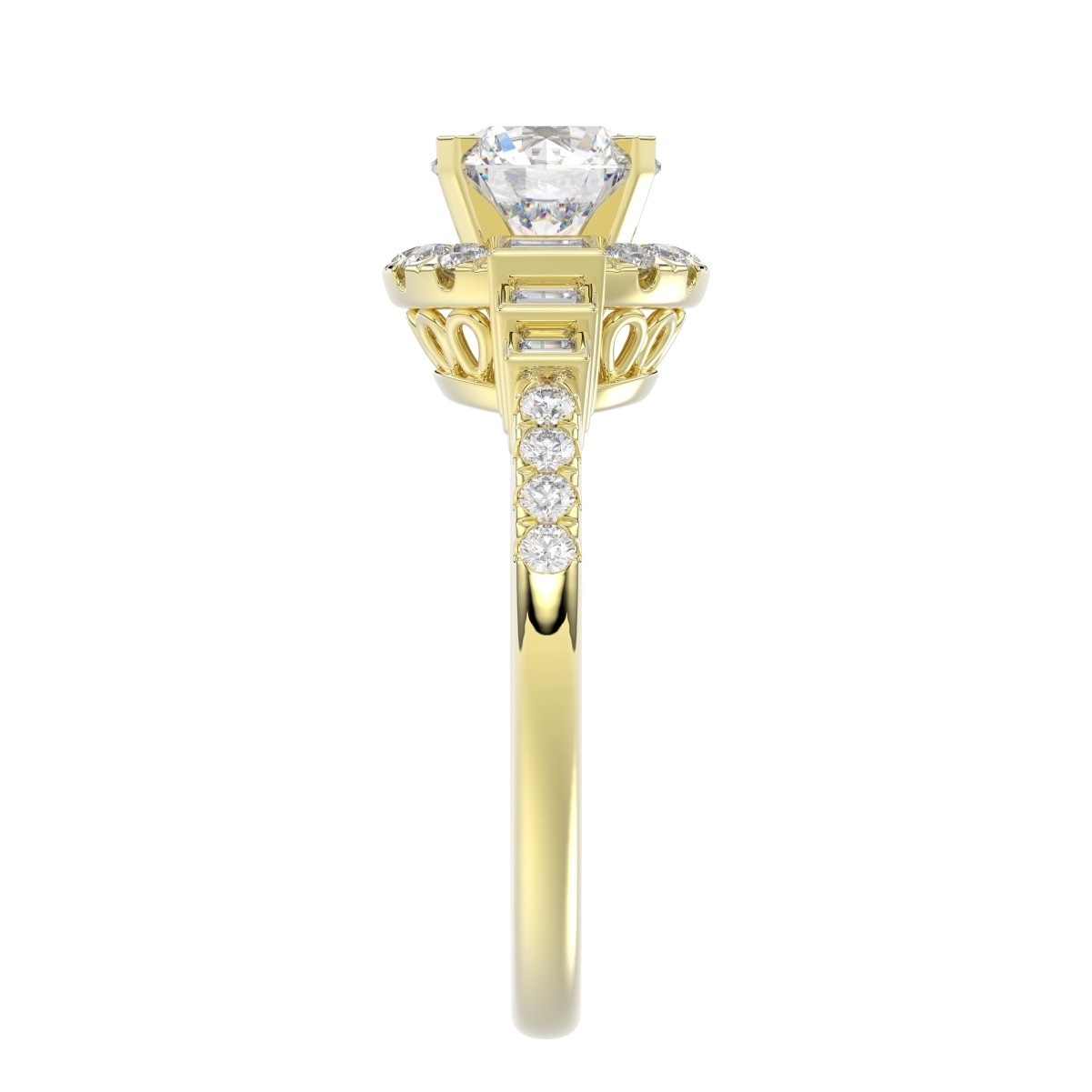 14K YELLOW GOLD 1/4CT ROUND/BAGUETTE DIAMOND LADIES SEMI MOUNT RING(CENTER STONE MOUNT ROUND DIAMOND 1CT)