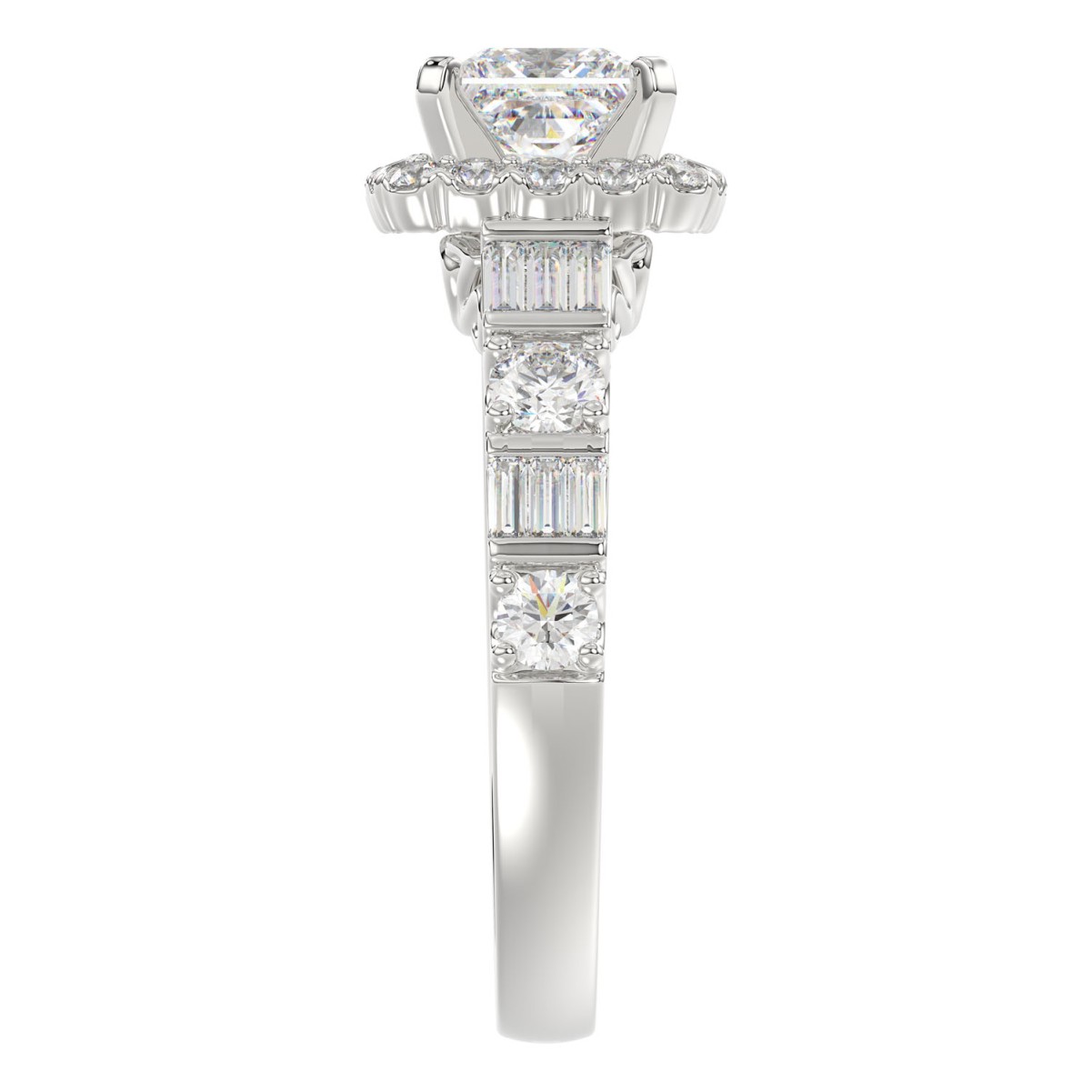 14K WHITE GOLD 3/4CT ROUND/BAGUETTE/PRINCESS DIAMOND LADIES RING(CENTER STONE MOUNT PRINCESS DIAMOND 1CT)