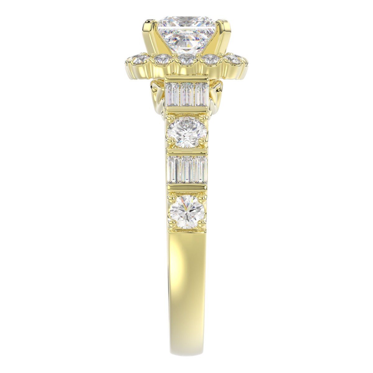 14K YELLOW GOLD 3/4CT ROUND/BAGUETTE/PRINCESS DIAMOND LADIES RING(CENTER STONE MOUNT PRINCESS DIAMOND 1CT)