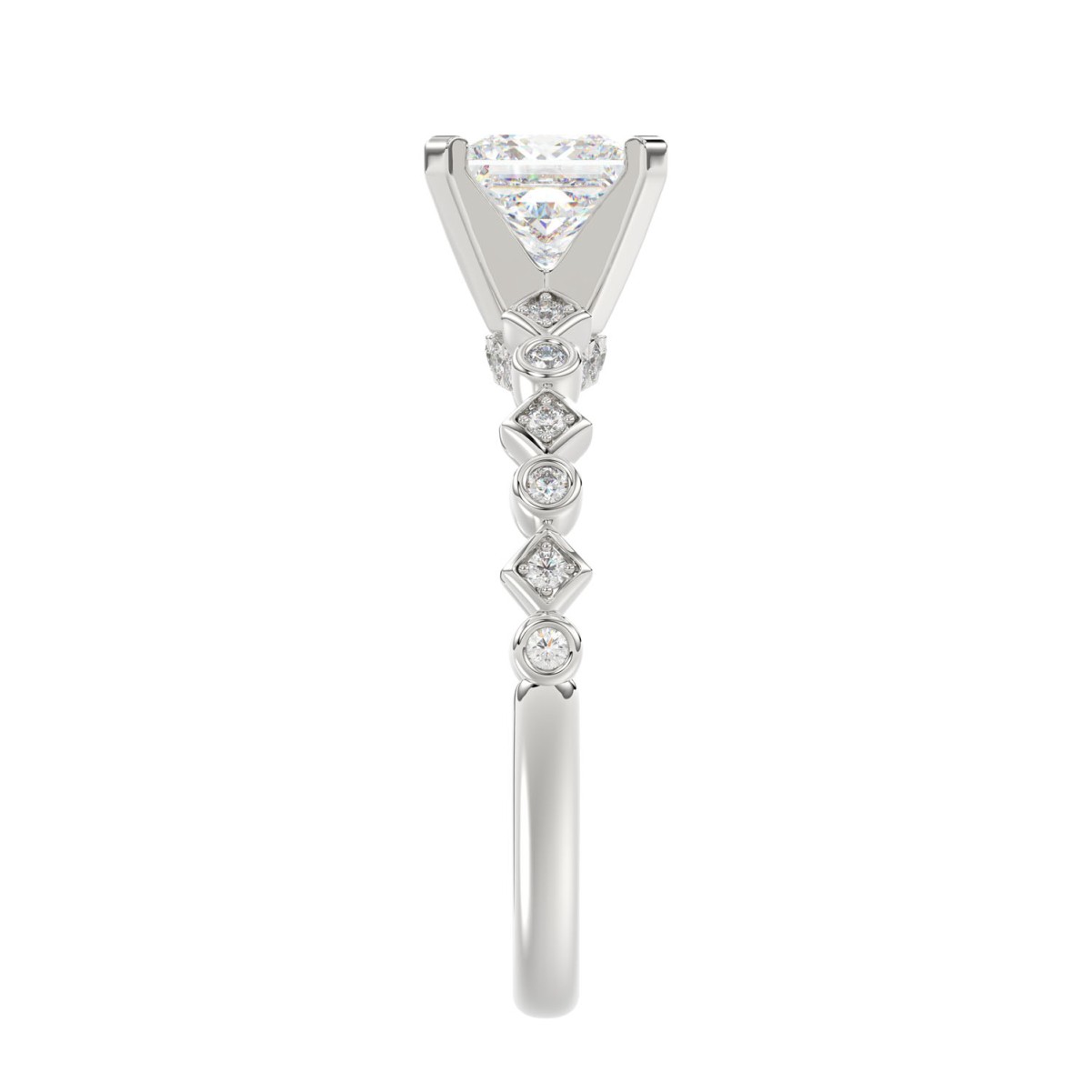 14K WHITE GOLD 1/6CT ROUND/PRINCESS DIAMOND LADIES RING(CENTER STONE MOUNT PRINCESS DIAMOND 1CT)