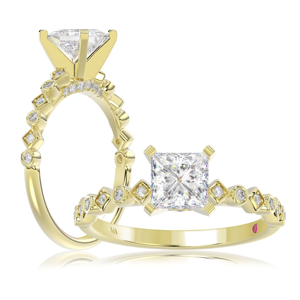 14K YELLOW GOLD 1/6CT ROUND/PRINCESS DIAMOND LADIES RING(CENTER STONE MOUNT PRINCESS DIAMOND 1CT)
