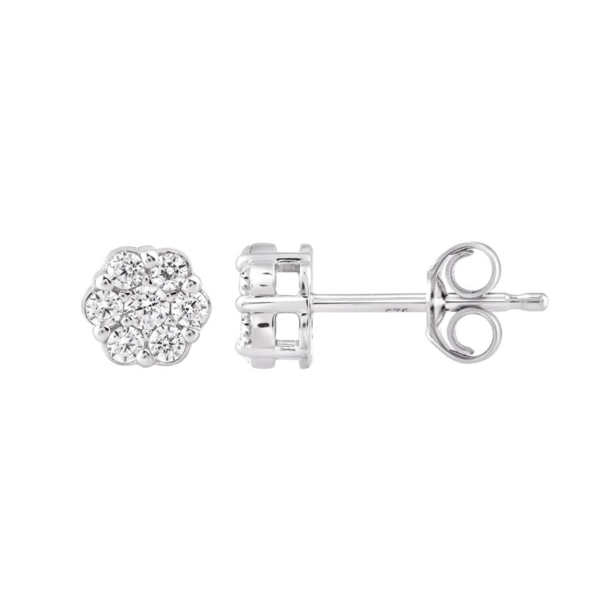 14K WHITE  GOLD 1/6CT ROUND DIAMOND LADIES FLOWER EARRINGS 