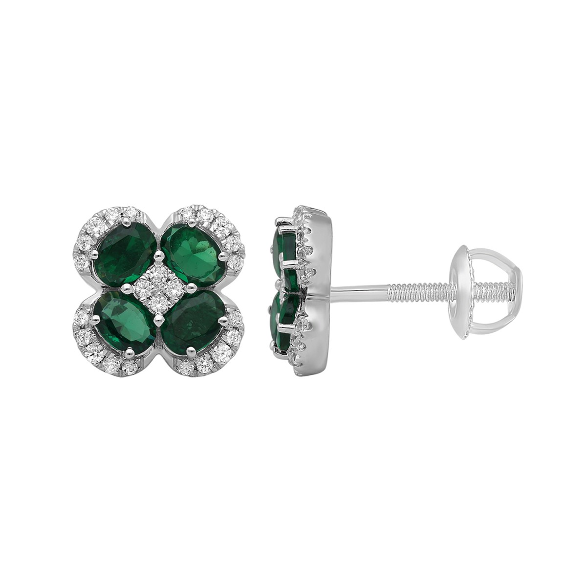 14K WHITE GOLD 2 1/4CT ROUND/OVAL DIAMOND LADIES EARRINGS(COLOR STONE OVAL GREEN EMERALD DIAMOND 2CT)