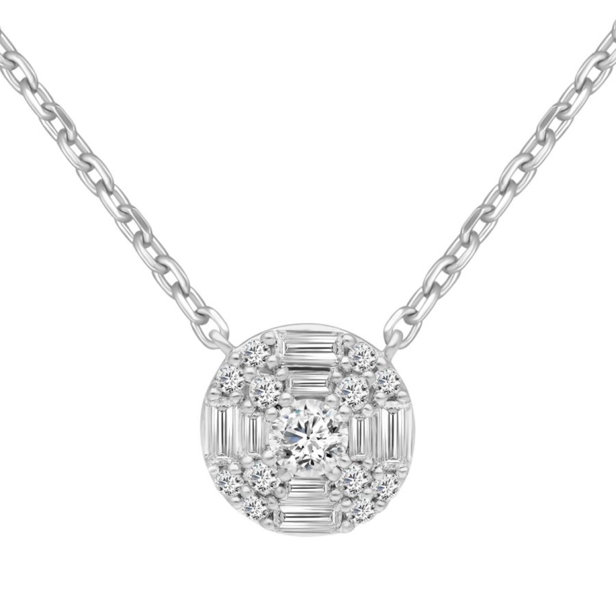 14K WHITE GOLD 1/2CT ROUND/BAGUETTE DIAMOND LADIES PENDANT WITH CHAIN 
