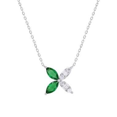 14K WHITE GOLD 1 3/4CT ROUND/BAGUETTE/MARQUISE DIAMOND LADIES PENDANT WITH CHAIN(COLOR STONE MARQUISE GREEN EMERALD DIAMOND 1 5/8CT)