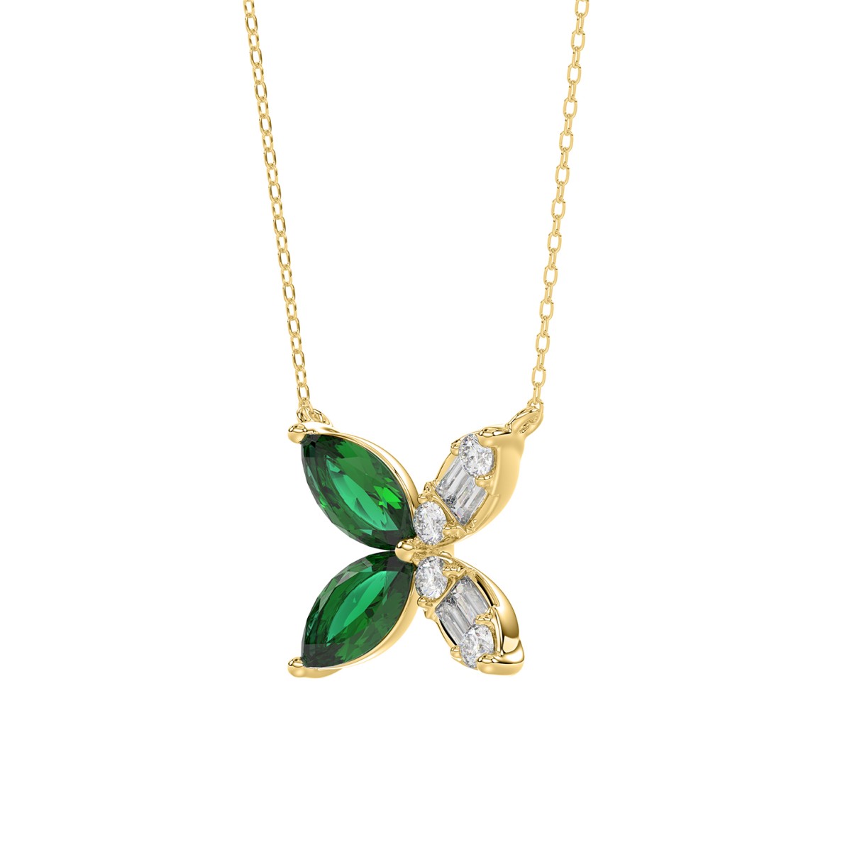14K YELLOW GOLD 1 3/4CT ROUND/BAGUETTE/MARQUISE DIAMOND LADIES PENDANT WITH CHAIN(COLOR STONE MARQUISE GREEN EMERALD DIAMOND 1 5/8CT)