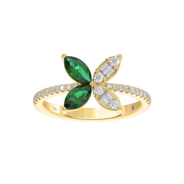 14K YELLOW GOLD 1 7/8CT ROUND/BAGUETTE/MARQUISE DIAMOND LADIES FASHION RING(COLOR STONE MARQUISE GREEN EMERALD DIAMOND 1 5/8 CT)