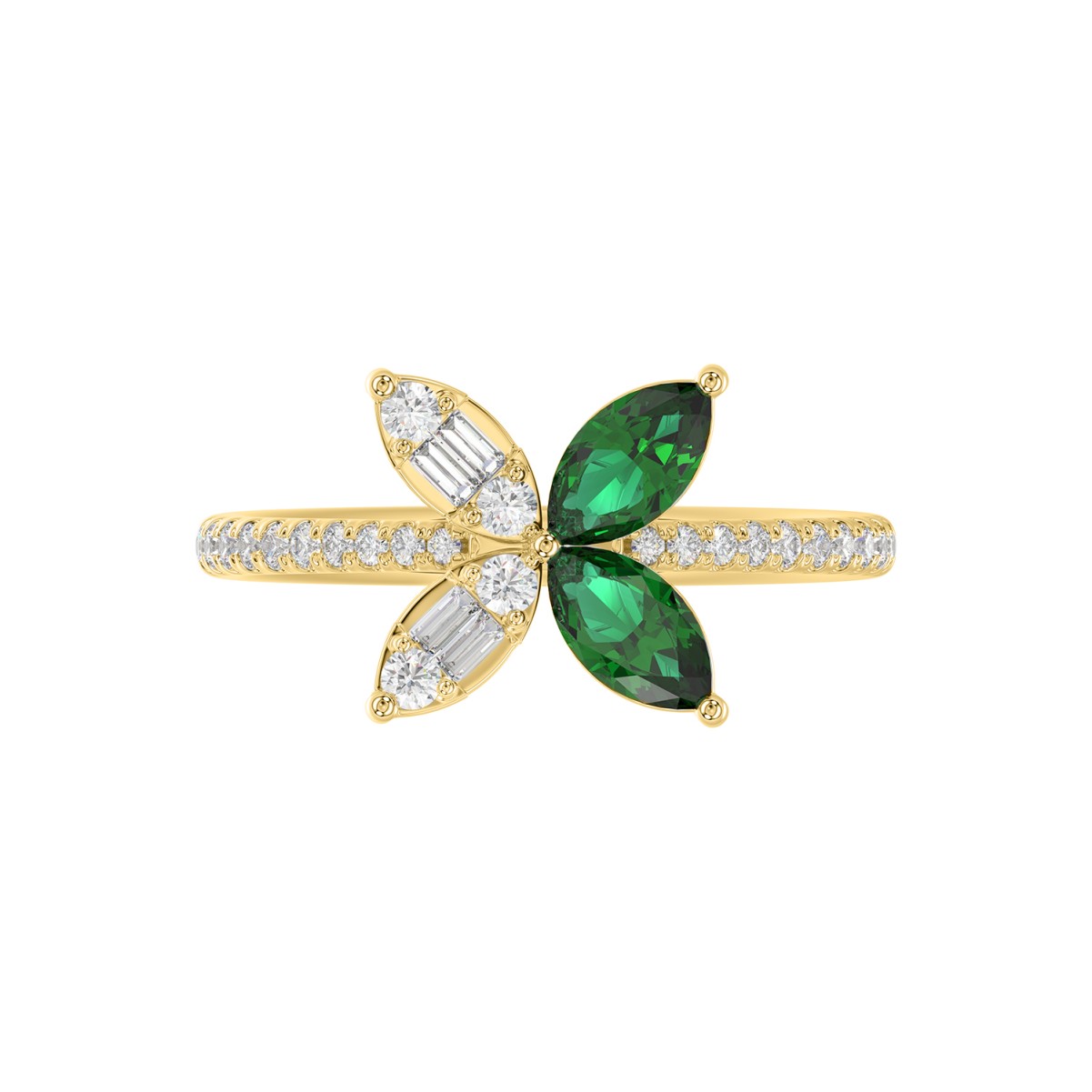14K YELLOW GOLD 1 7/8CT ROUND/BAGUETTE/MARQUISE DIAMOND LADIES FASHION RING(COLOR STONE MARQUISE GREEN EMERALD DIAMOND 1 5/8 CT)