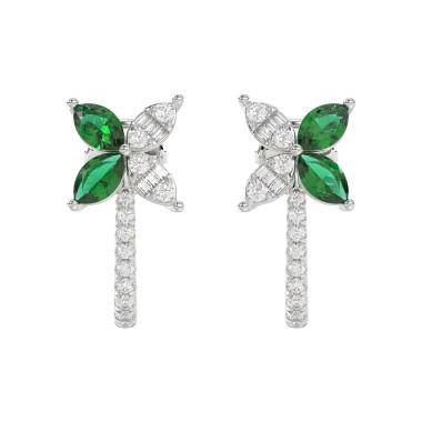 14K WHITE GOLD 1/3CT ROUND/BAGUETTE/MARQUISE DIAMOND LADIES EARRINGS(COLOR STONE MARQUISE GREEN EMERALD DIAMOND 3/4CT)