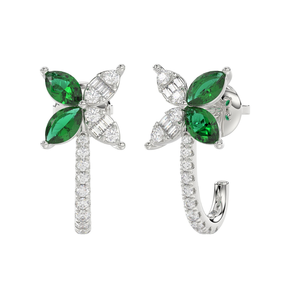 14K WHITE GOLD 1/3CT ROUND/BAGUETTE/MARQUISE DIAMOND LADIES EARRINGS(COLOR STONE MARQUISE GREEN EMERALD DIAMOND 3/4CT)