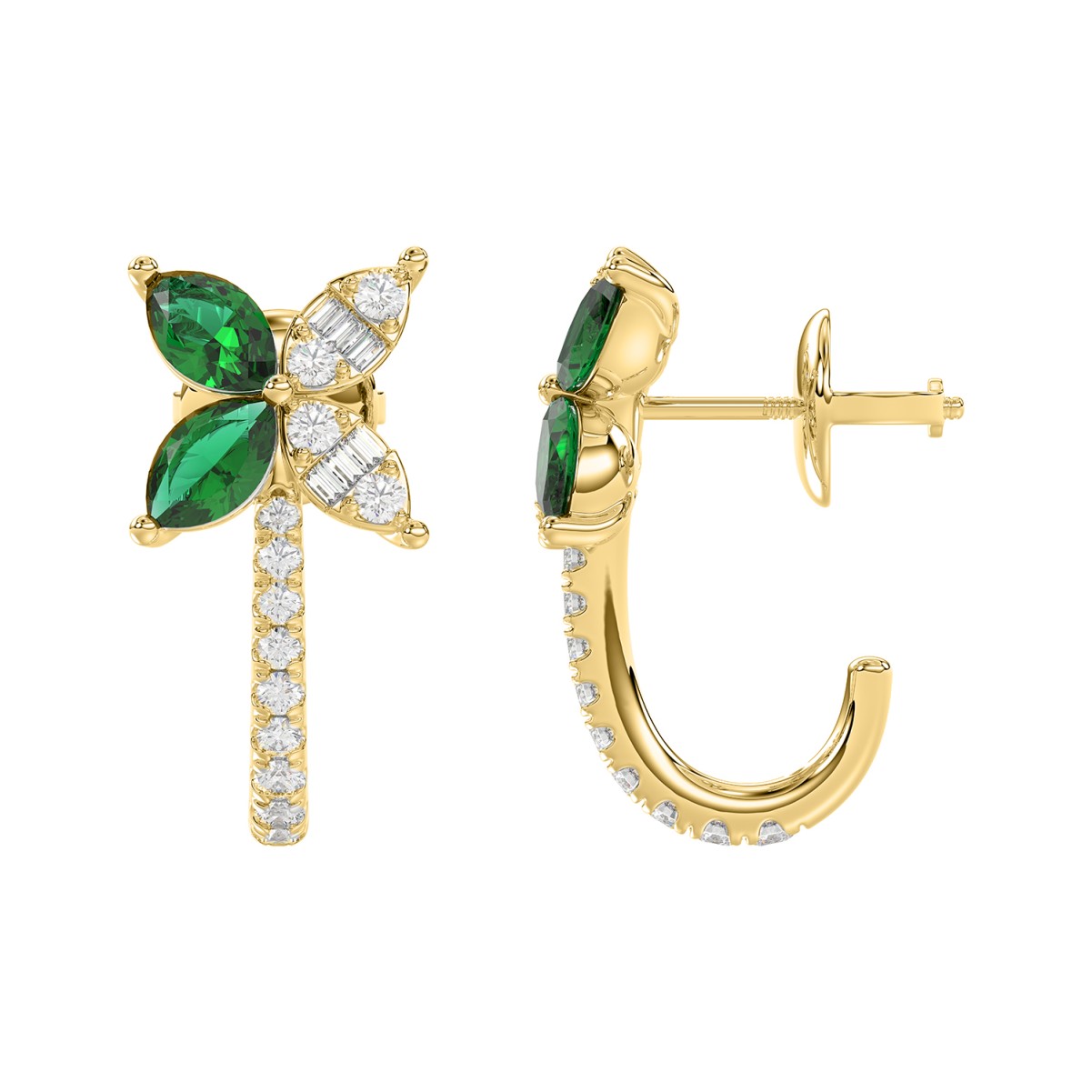 14K YELLOW GOLD 1/3CT ROUND/BAGUETTE/MARQUISE DIAMOND LADIES EARRINGS(COLOR STONE MARQUISE GREEN EMERALD DIAMOND 3/4CT)