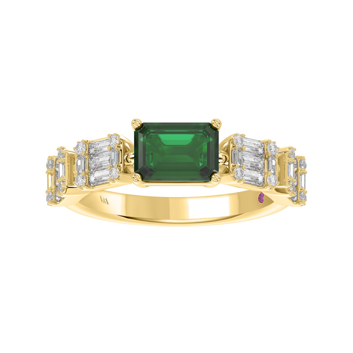 18K YELLOW GOLD 1 3/8CT ROUND/BAGUETTE/EMERALD DIAMOND LADIES RING(COLOR STONE GREEN EMERALD DIAMOND 7/8CT)