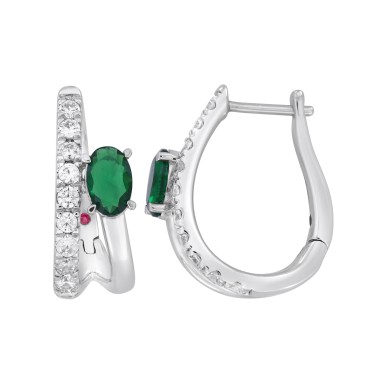 14K WHITE GOLD 1 1/2CT ROUND/OVAL DIAMOND LADIES EARRINGS(COLOR STONE OVAL GREEN EMERALD DIAMOND 1CT)