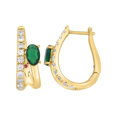 14K YELLOW GOLD 1 1/2CT ROUND/OVAL DIAMOND LADIES EARRINGS(COLOR STONE OVAL GREEN EMERALD DIAMOND 1CT)