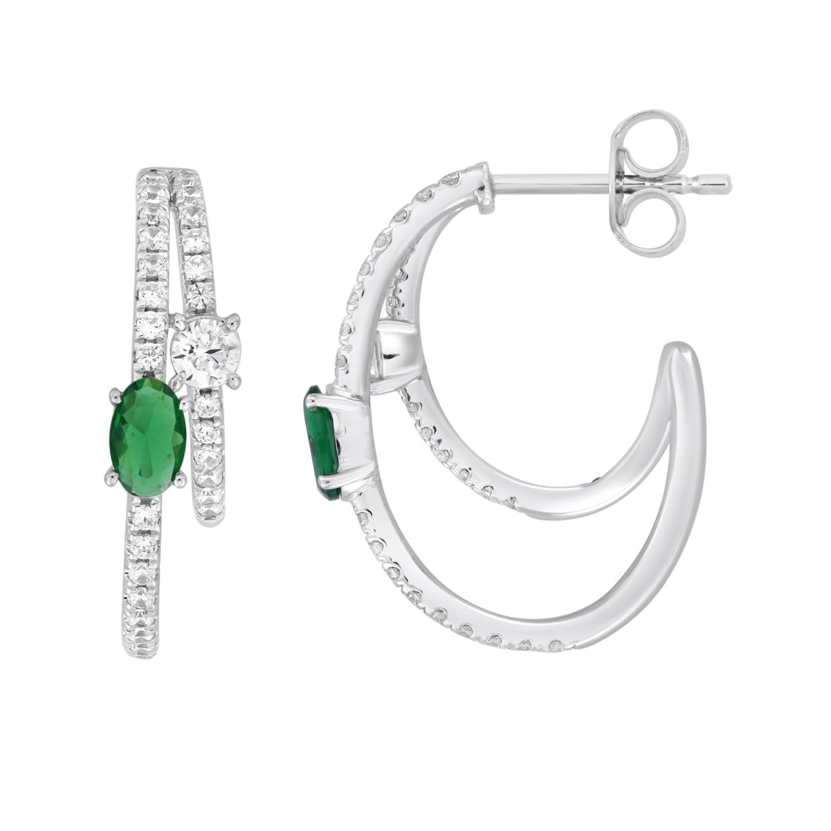 14K WHITE GOLD 2CT ROUND/OVAL DIAMOND LADIES EARRINGS(COLOR STONE OVAL GREEN EMERALD DIAMOND 1CT)