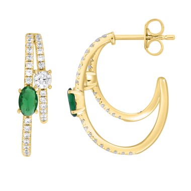 14K YELLOW GOLD 2CT ROUND/OVAL DIAMOND LADIES EARRINGS(COLOR STONE OVAL GREEN EMERALD DIAMOND 1CT)