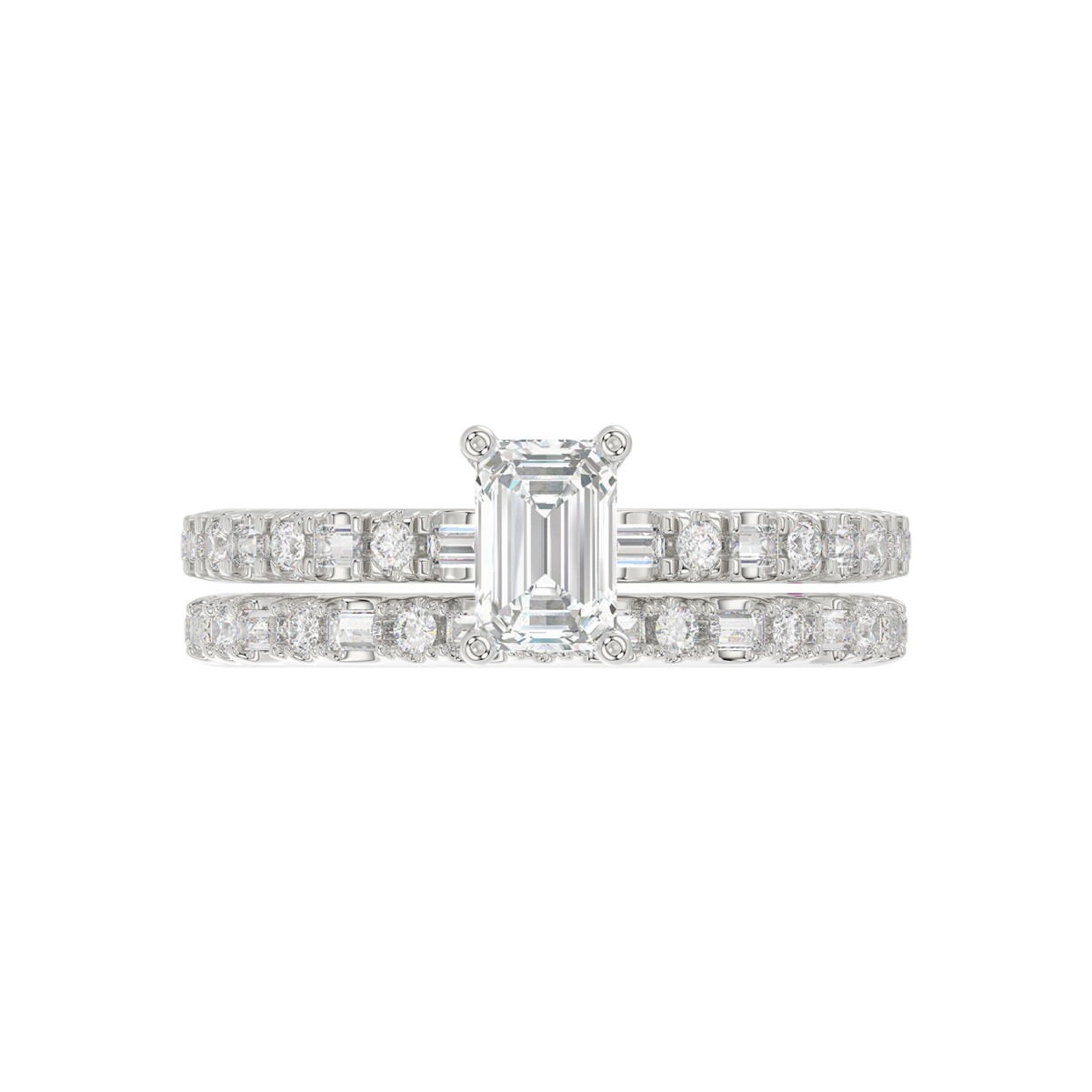 18K WHITE GOLD 1 1/4CT ROUND/BAGUETTE/EMERALD DIAMOND LADIES BRIDAL SET(CENTER STONE EMERALD DIAMOND 3/4 CT)