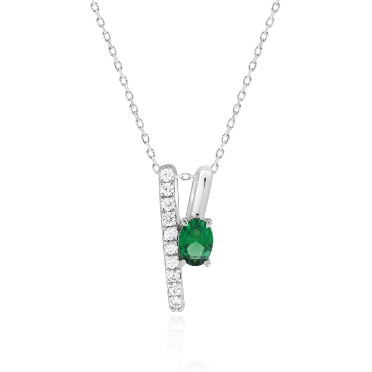 14K WHITE GOLD 1 1/5CT ROUND/OVAL DIAMOND LADIES PENDANT WITH CHAIN(COLOR STONE OVAL GREEN EMERALD DIAMOND 7/8CT)