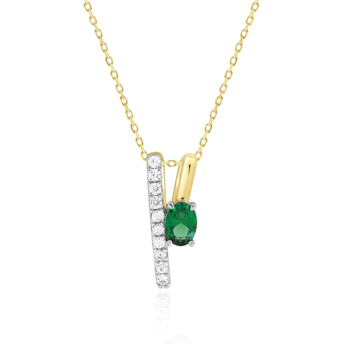 14K YELLOW GOLD 1 1/5CT ROUND/OVAL DIAMOND LADIES PENDANT WITH CHAIN(COLOR STONE OVAL GREEN EMERALD DIAMOND 7/8CT)