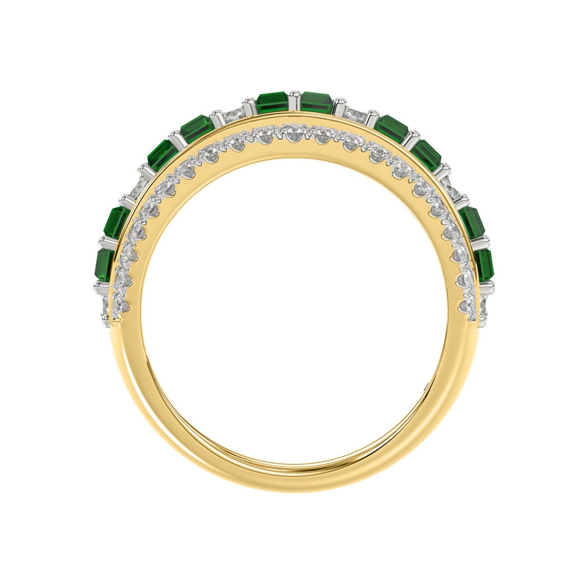 14K YELLOW GOLD 2CT ROUND/BAGUETTE DIAMOND LADIES FASHION RING( COLOR STONE BUGUETTE DIAMOND GREEN EMERALD 1.20CT/10 STONE)