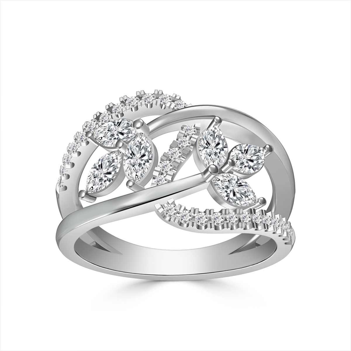 14K WHITE GOLD 1 1/2CT ROUND/MARQUISE DIAMOND LADIES RING ( CENTER STONES MARQUISE DIAMOND 1.30CT/ 6 STONE)