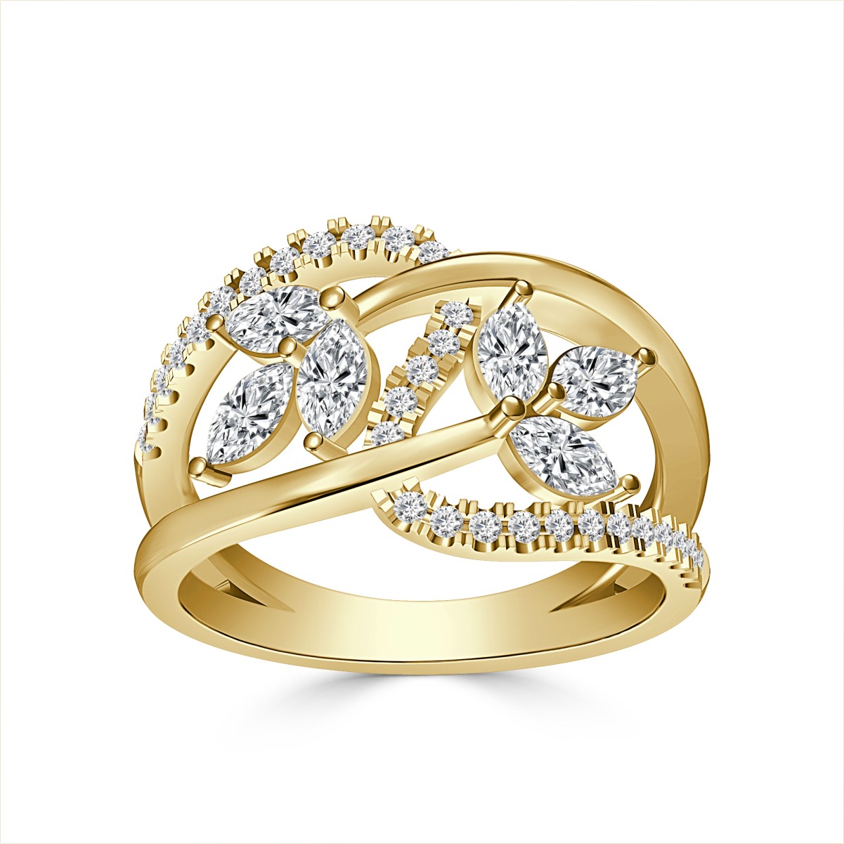 14K YELLOW GOLD 1 1/2CT ROUND/MARQUISE DIAMOND LADIES RING ( CENTER STONES MARQUISE DIAMOND 1.30CT/ 6 STONE)