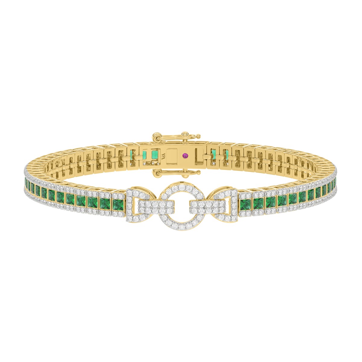 14K YELLOW GOLD 5 7/8CT ROUND/GREEN EMERALD PRINCESS DIAMOND LADIES BRACELET(COLOR STONE GREEN EMERALD PRINCESS DIAMOND 4 5/8CT)