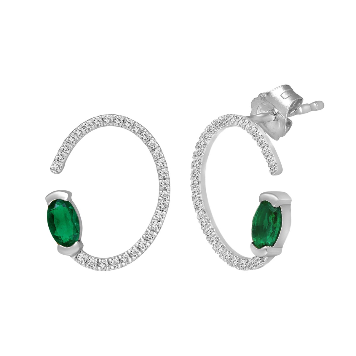 14K WHITE GOLD 3/4CT ROUND/OVAL DIAMOND LADIES EARRINGS(COLOR STONE OVAL GREEN EMERALD DIAMOND 1/2CT)