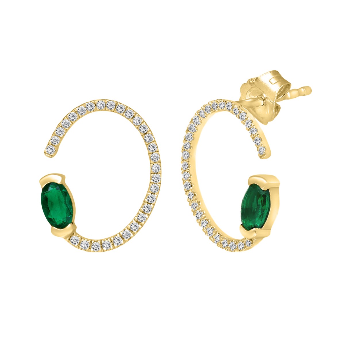 14K YELLOW GOLD 3/4CT ROUND/OVAL DIAMOND LADIES EARRINGS(COLOR STONE OVAL GREEN EMERALD DIAMOND 1/2CT)