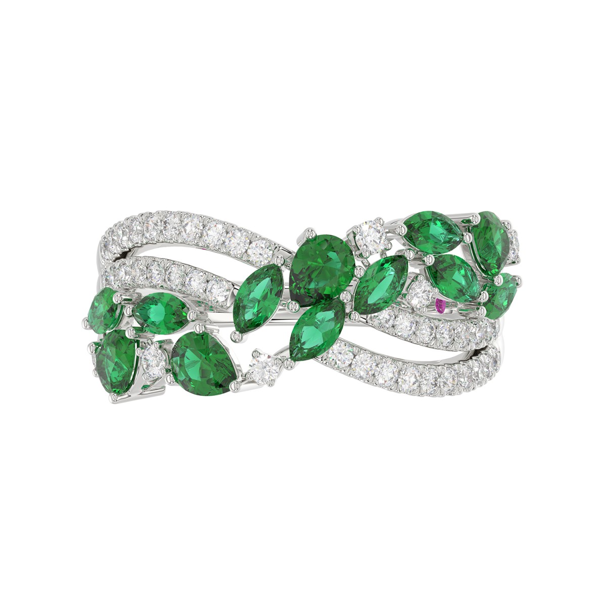 14K WHITE GOLD 1 7/8CT ROUND/MARQUISE/PEAR DIAMOND LADIES FASHION RING( COLOR STONE MARQUISE GREEN EMERALD DIAMOND/PEAR 1.45CT/ 12 STONE)