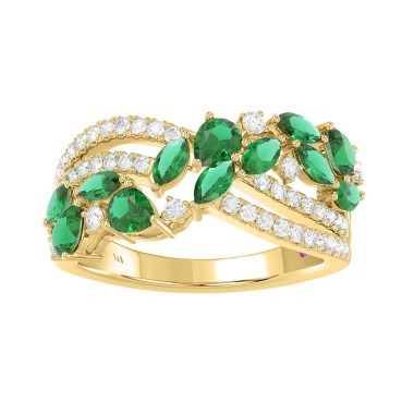 14K YELLOW GOLD 1/3CT ROUND/MARQUISE/PEAR DIAMOND LADIES FASHION RING( COLOR STONE MARQUISE GREEN EMERALD DIAMOND/PEAR 1.45CT/ 12 STONE)