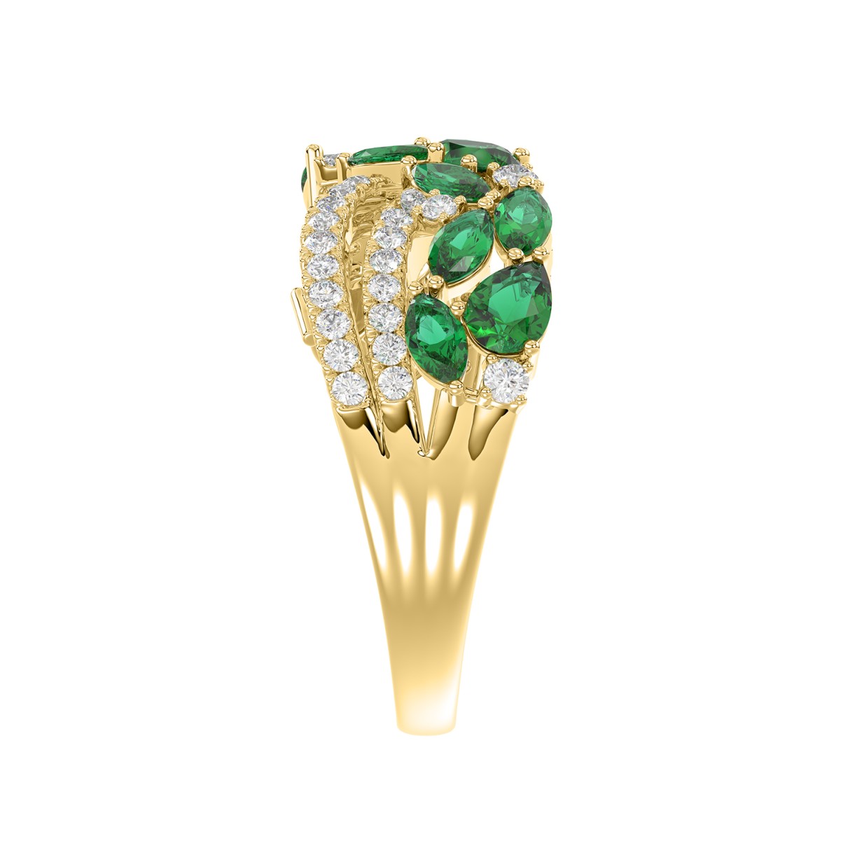 14K YELLOW GOLD 1/3CT ROUND/MARQUISE/PEAR DIAMOND LADIES FASHION RING( COLOR STONE MARQUISE GREEN EMERALD DIAMOND/PEAR 1.45CT/ 12 STONE)