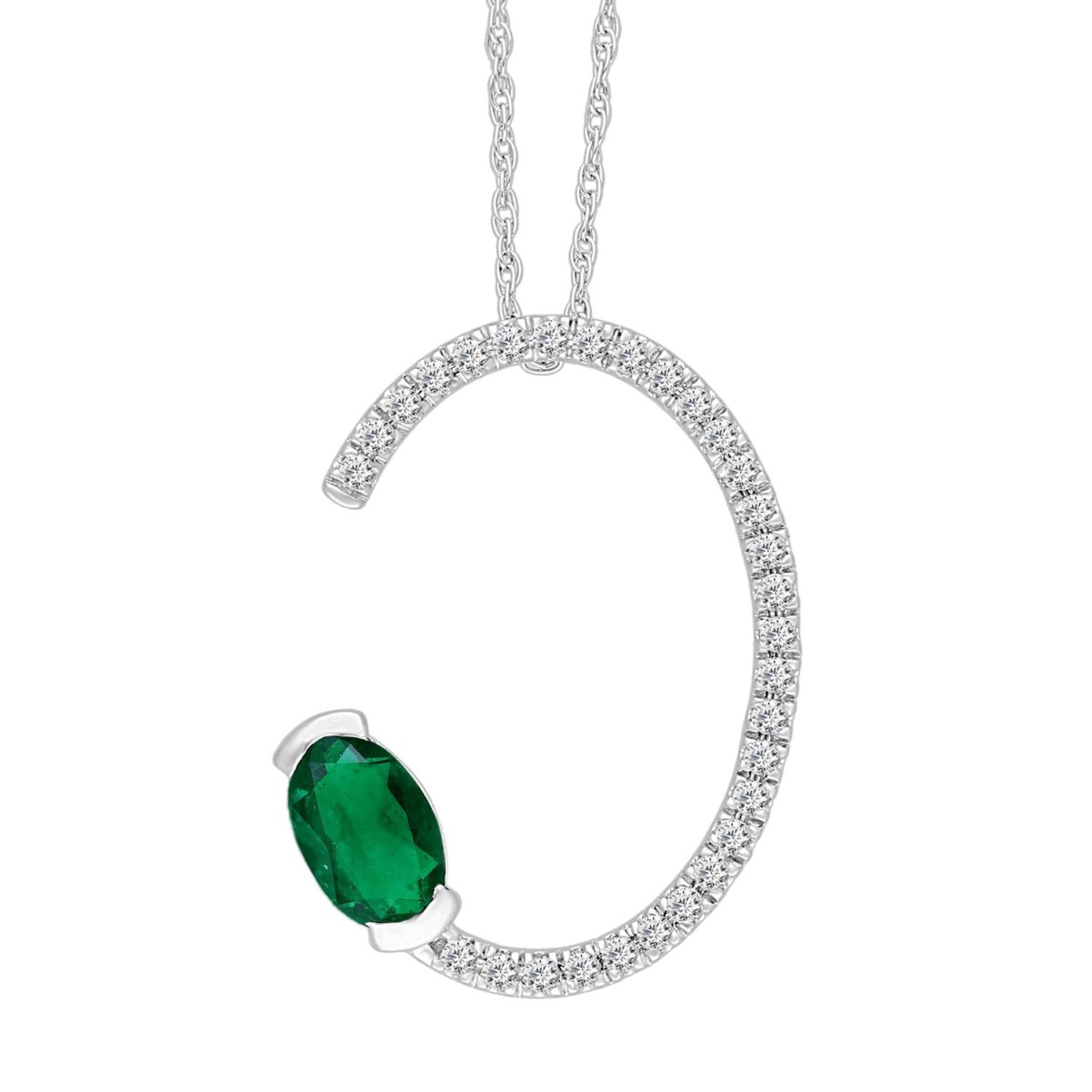 14K WHITE GOLD 5/8CT ROUND/OVAL DIAMOND LADIES PENDANT WITH CHAIN(COLOR STONE OVAL GREEN EMERALD DIAMOND 1/2CT)