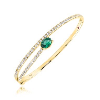 14K YELLOW GOLD 2 3/4CT ROUND/OVAL DIAMOND LADIES BANGLE(COLOR STONE OVAL GREEN EMERALD DIAMOND 1 1/4CT)