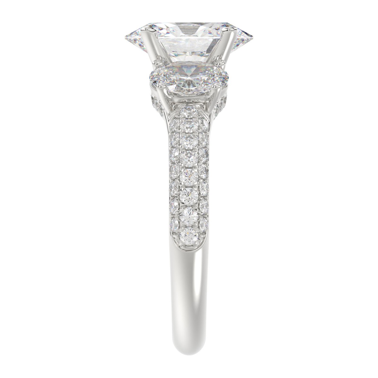 18K WHITE GOLD 3 1/2CT ROUND/OVAL DIAMOND LADIES RING ( CENTER STONE 2.00CT OVAL DIAMOND, 1.00TW/2 SIDE STONE OVAL DIAMOND )