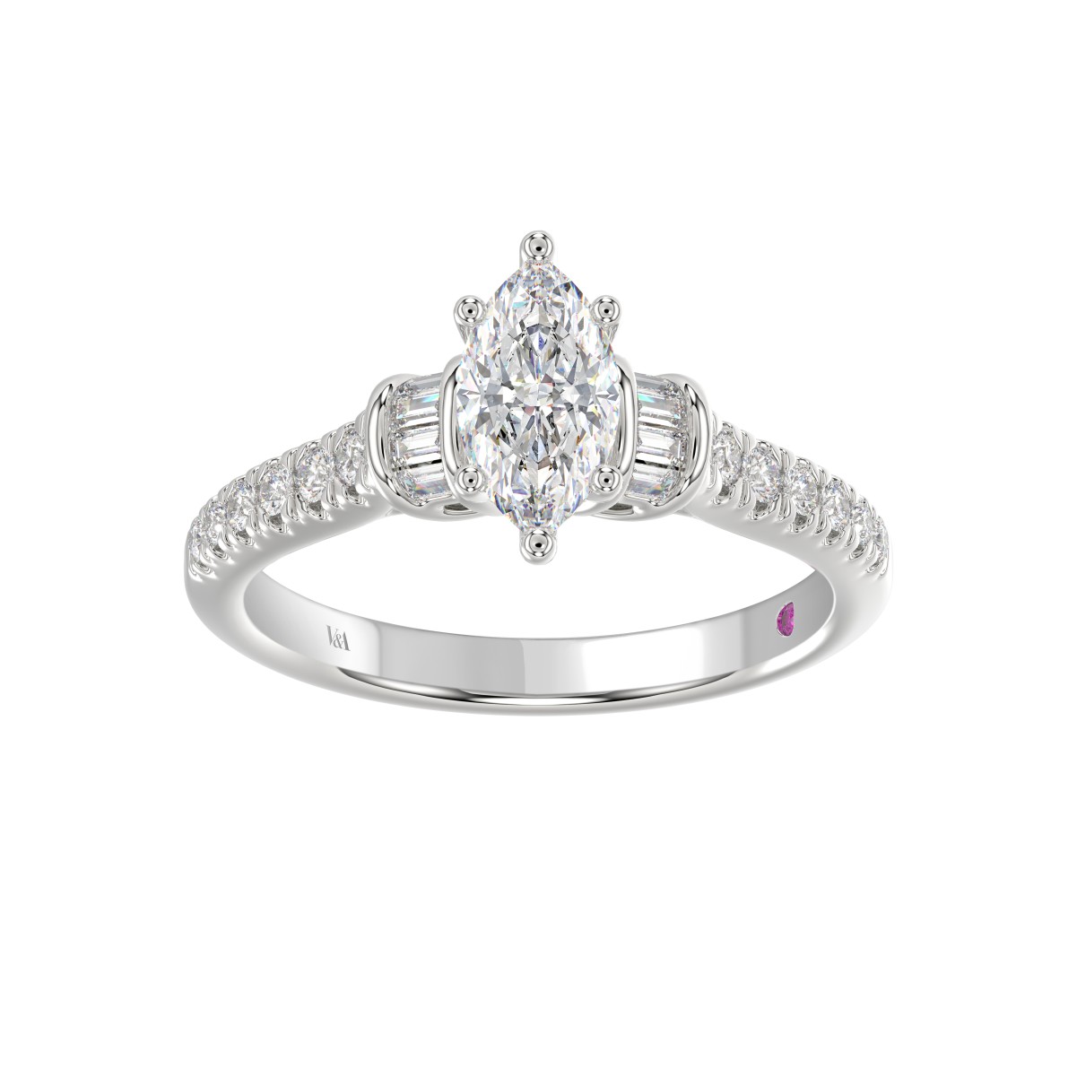 14K WHITE GOLD 1CT ROUND/MARQUISE DIAMOND LADIES RING(CENTER STONE MARQUISE DIAMOND 3/4CT)