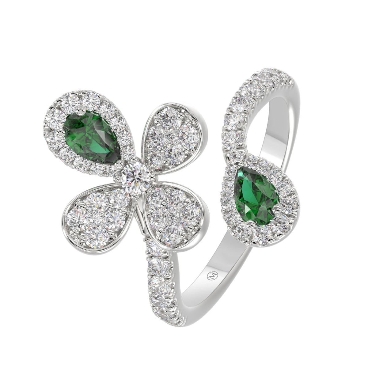 18K WHITE GOLD 1 1/6CT ROUND/PEAR DIAMOND LADIES RING(COLOR STONE PEAR GREEN EMERALD DIAMOND 1/3CT)