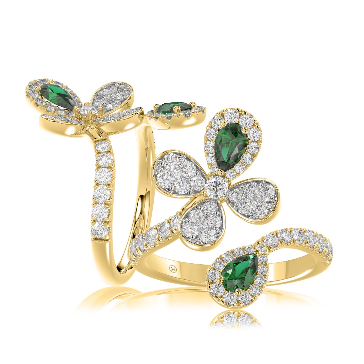 18K YELLOW GOLD 1 1/6CT ROUND/PEAR DIAMOND LADIES RING(COLOR STONE PEAR GREEN EMERALD DIAMOND 1/3CT)