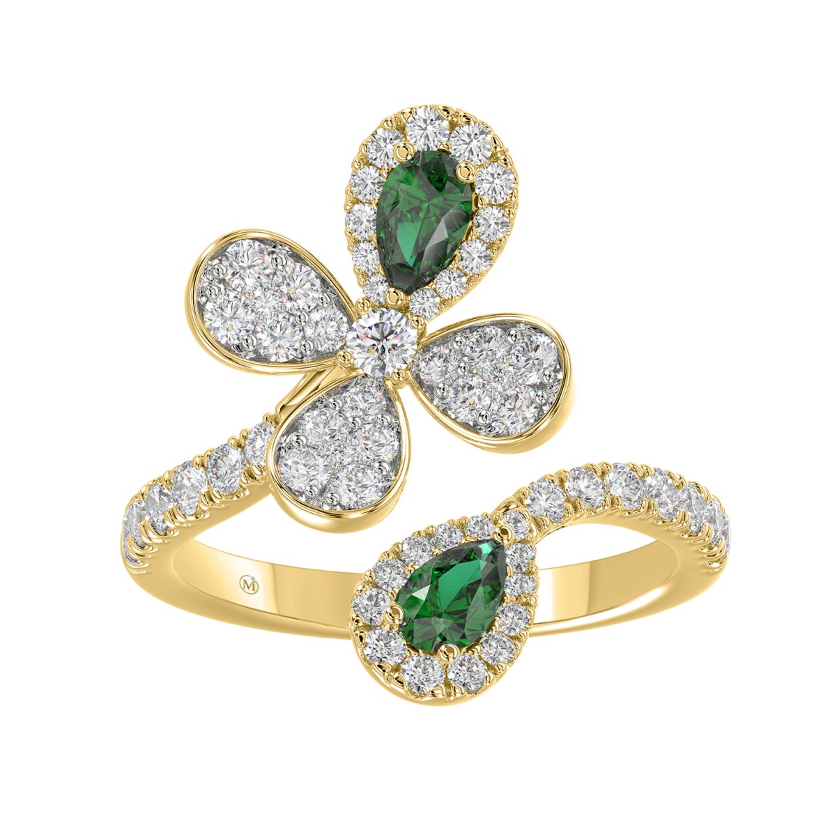 18K YELLOW GOLD 1 1/6CT ROUND/PEAR DIAMOND LADIES RING(COLOR STONE PEAR GREEN EMERALD DIAMOND 1/3CT)