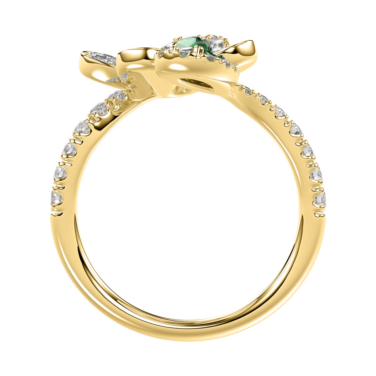 18K YELLOW GOLD 1 1/6CT ROUND/PEAR DIAMOND LADIES RING(COLOR STONE PEAR GREEN EMERALD DIAMOND 1/3CT)