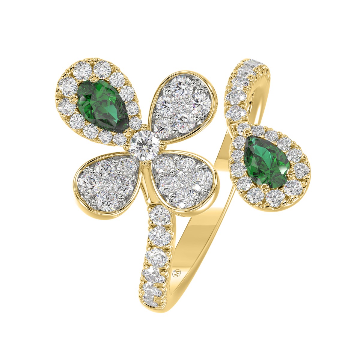 18K YELLOW GOLD 1 1/6CT ROUND/PEAR DIAMOND LADIES RING(COLOR STONE PEAR GREEN EMERALD DIAMOND 1/3CT)