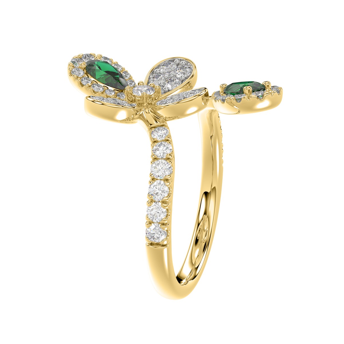 18K YELLOW GOLD 1 1/6CT ROUND/PEAR DIAMOND LADIES RING(COLOR STONE PEAR GREEN EMERALD DIAMOND 1/3CT)