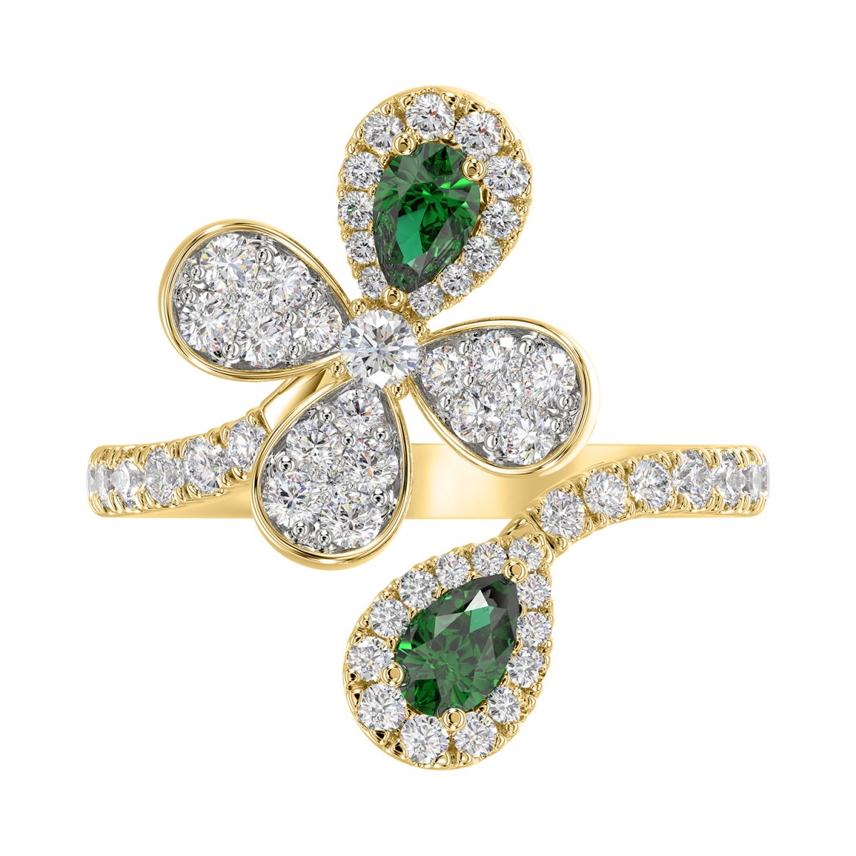 18K YELLOW GOLD 1 1/6CT ROUND/PEAR DIAMOND LADIES RING(COLOR STONE PEAR GREEN EMERALD DIAMOND 1/3CT)