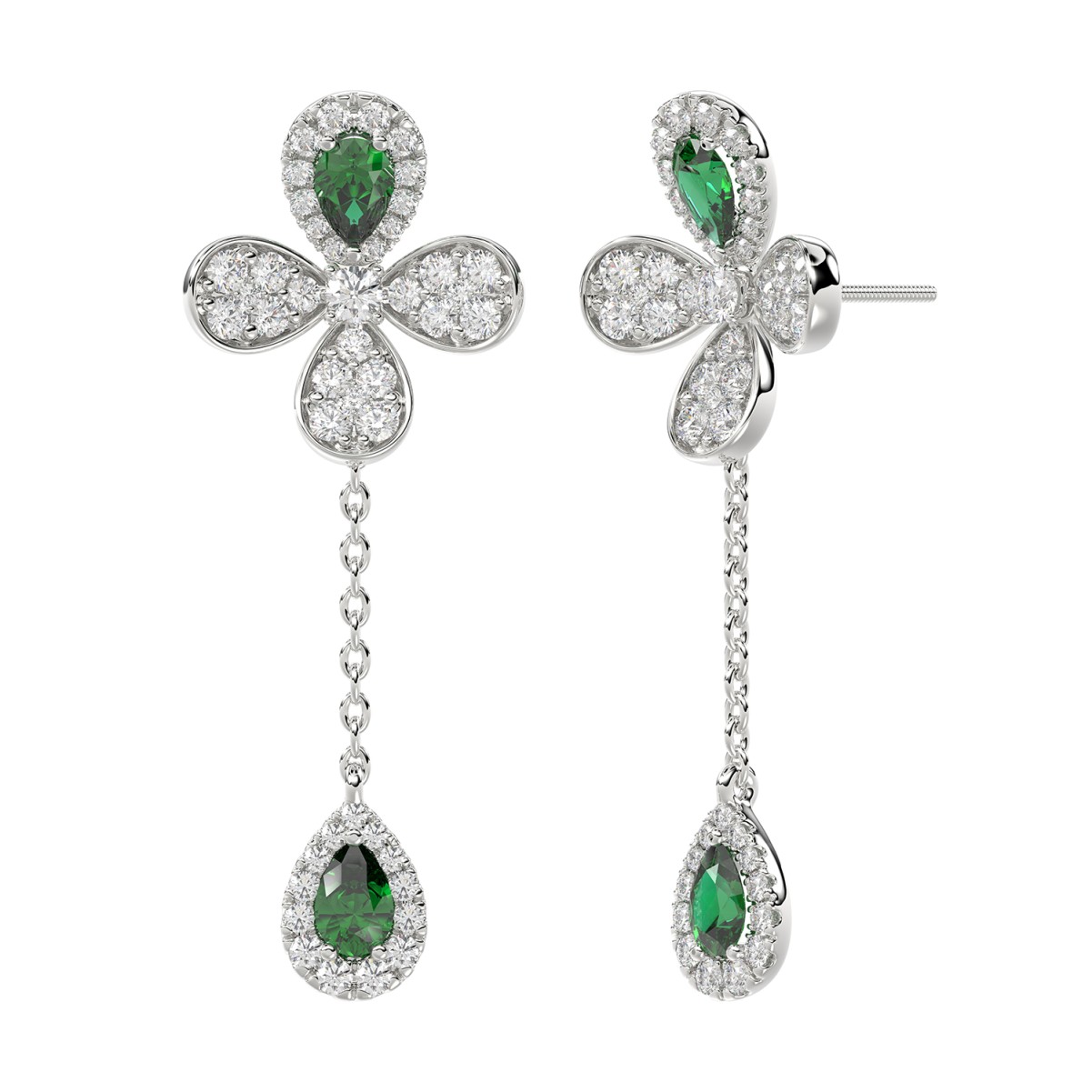 18K WHITE GOLD 2 1/4CT ROUND/PEAR DIAMOND LADIES EARRINGS(COLOR STONE PEAR GREEN EMERALD DIAMOND 1 1/4CT)