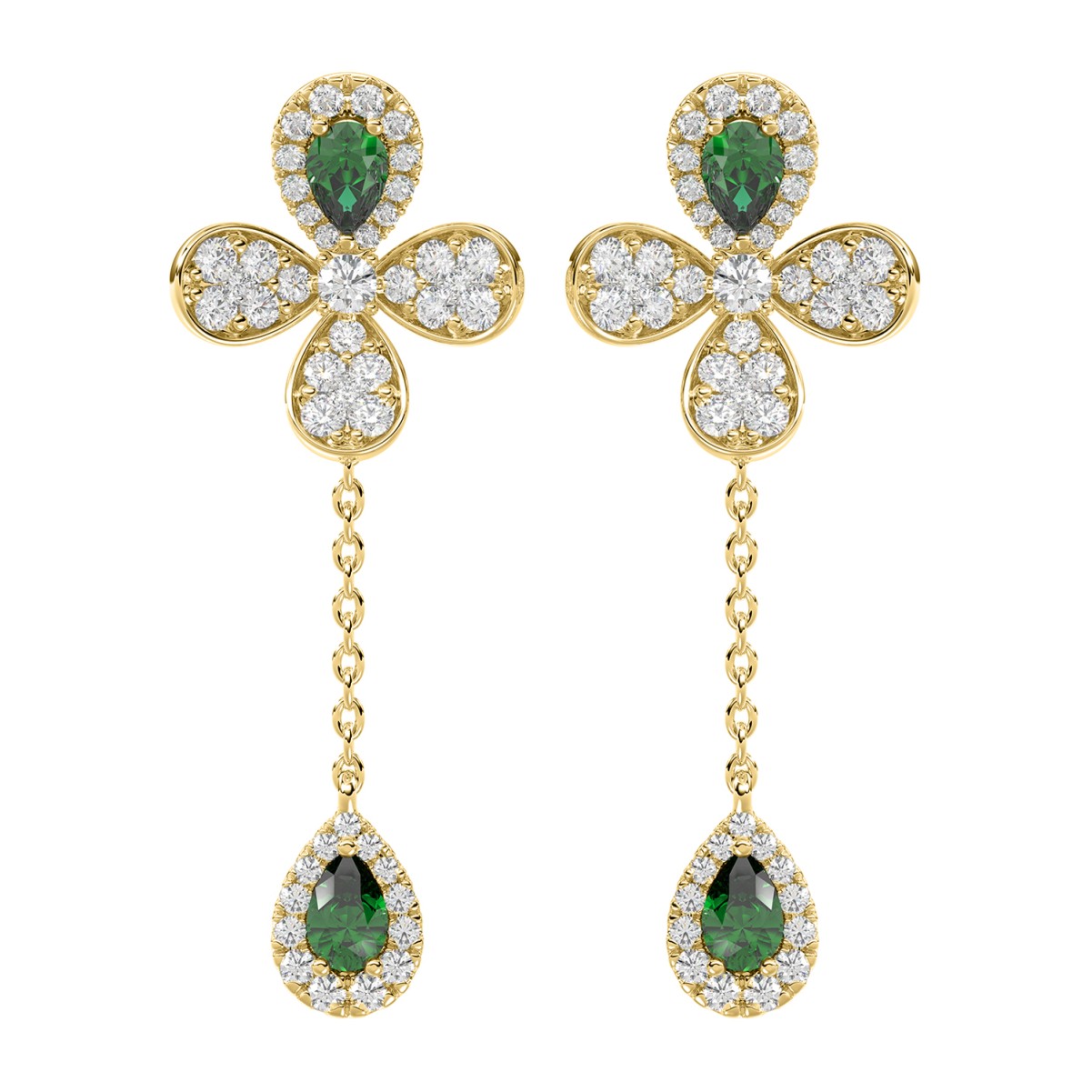 18K YELLOW GOLD 2 1/4CT ROUND/PEAR DIAMOND LADIES EARRINGS(COLOR STONE PEAR GREEN EMERALD DIAMOND 1 1/4CT)