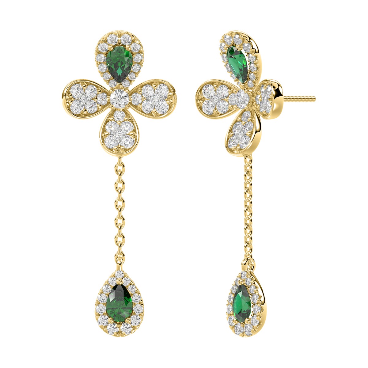 18K YELLOW GOLD 2 1/4CT ROUND/PEAR DIAMOND LADIES EARRINGS(COLOR STONE PEAR GREEN EMERALD DIAMOND 1 1/4CT)