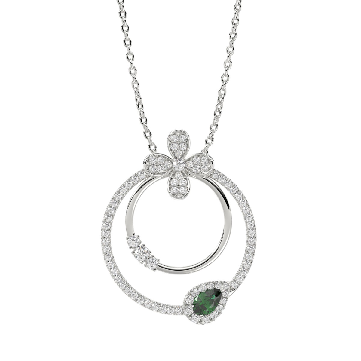 18K WHITE GOLD 7/8CT ROUND/PEAR DIAMOND LADIES PENDANT WITH CHAIN(COLOR STONE PEAR GREEN EMERALD DIAMOND 1/5CT)