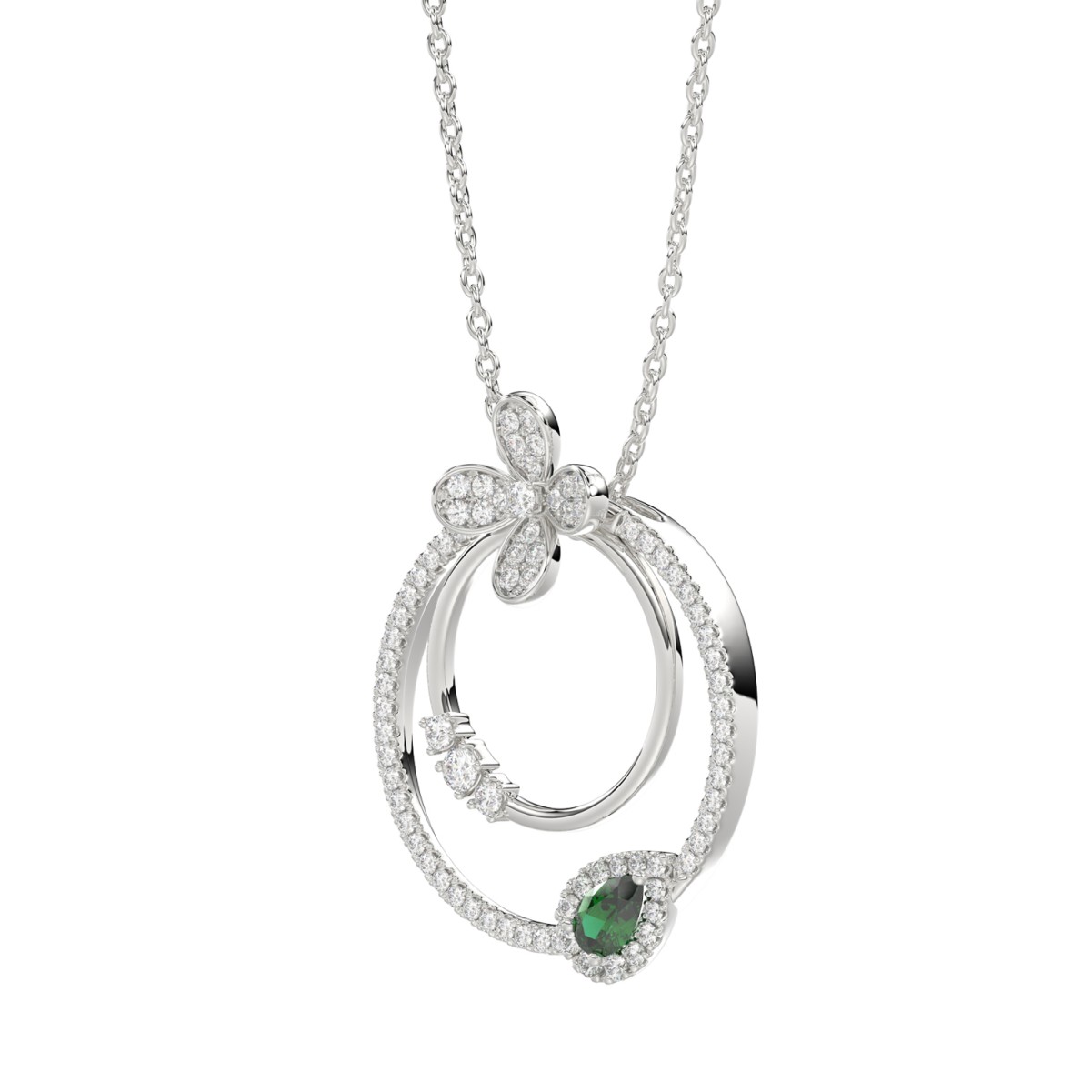 18K WHITE GOLD 7/8CT ROUND/PEAR DIAMOND LADIES PENDANT WITH CHAIN(COLOR STONE PEAR GREEN EMERALD DIAMOND 1/5CT)