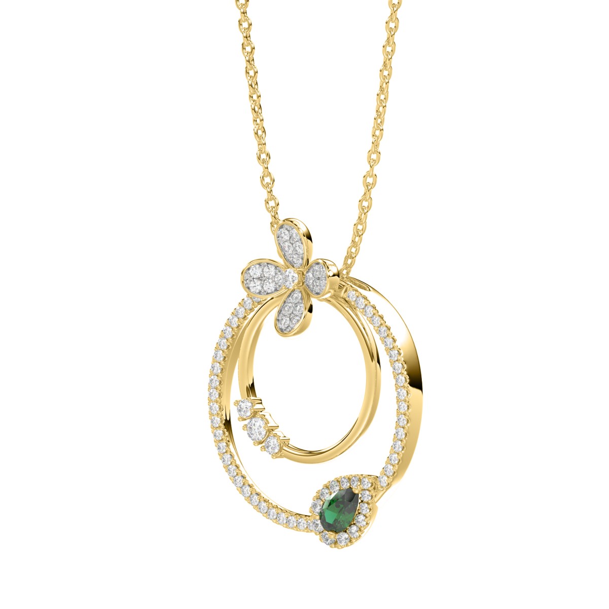 18K YELLOW GOLD 7/8CT ROUND/PEAR DIAMOND LADIES PENDANT WITH CHAIN(COLOR STONE PEAR GREEN EMERALD DIAMOND 1/5CT)